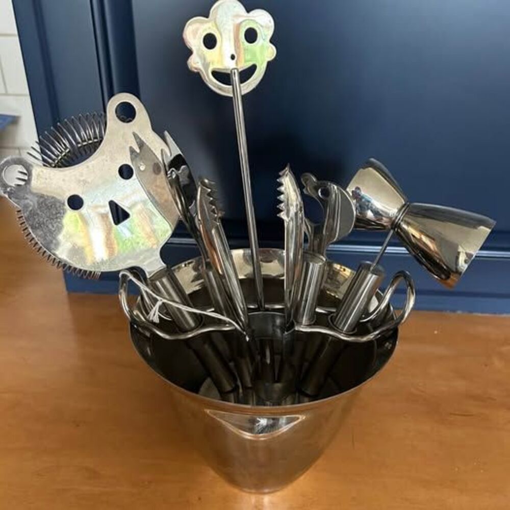 Vintage 7 Piece Stainless-Steel Whimsical Animal-Face Cutouts Bar Set